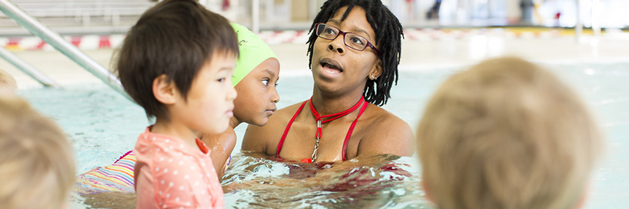 children learning to swim with instructor