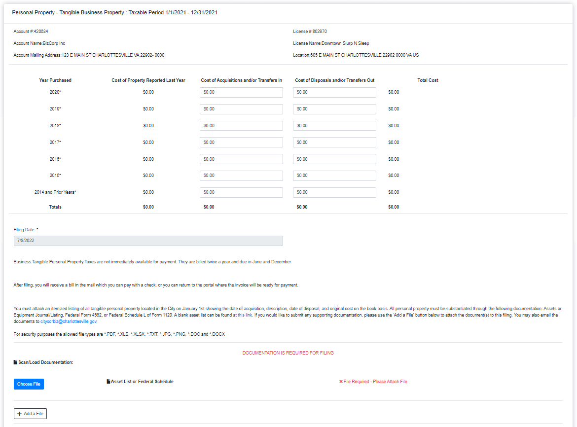 Business Tangible Personal Property Filing Screenshot