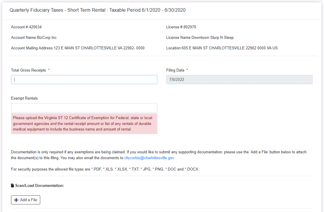 Short-Term Daily Rental Tax Filing Screenshot